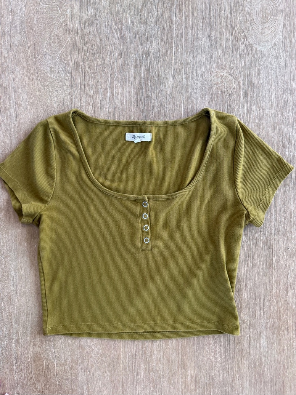 Madewell Ribbed Henley High Crop Tee Olive Green Short Sleeve Top Size Small